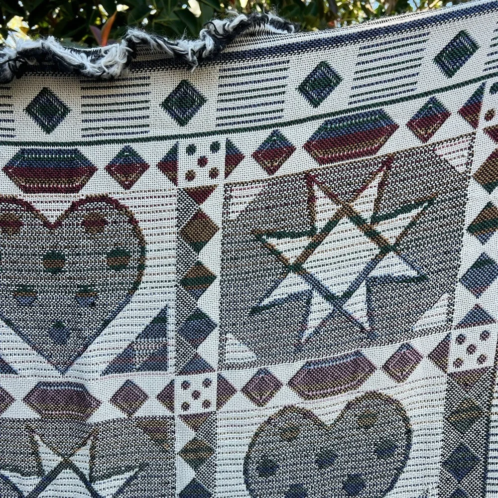 Vintage Woven Folk Art Throw Blanket Heart & Star Quilt Pattern Fringe